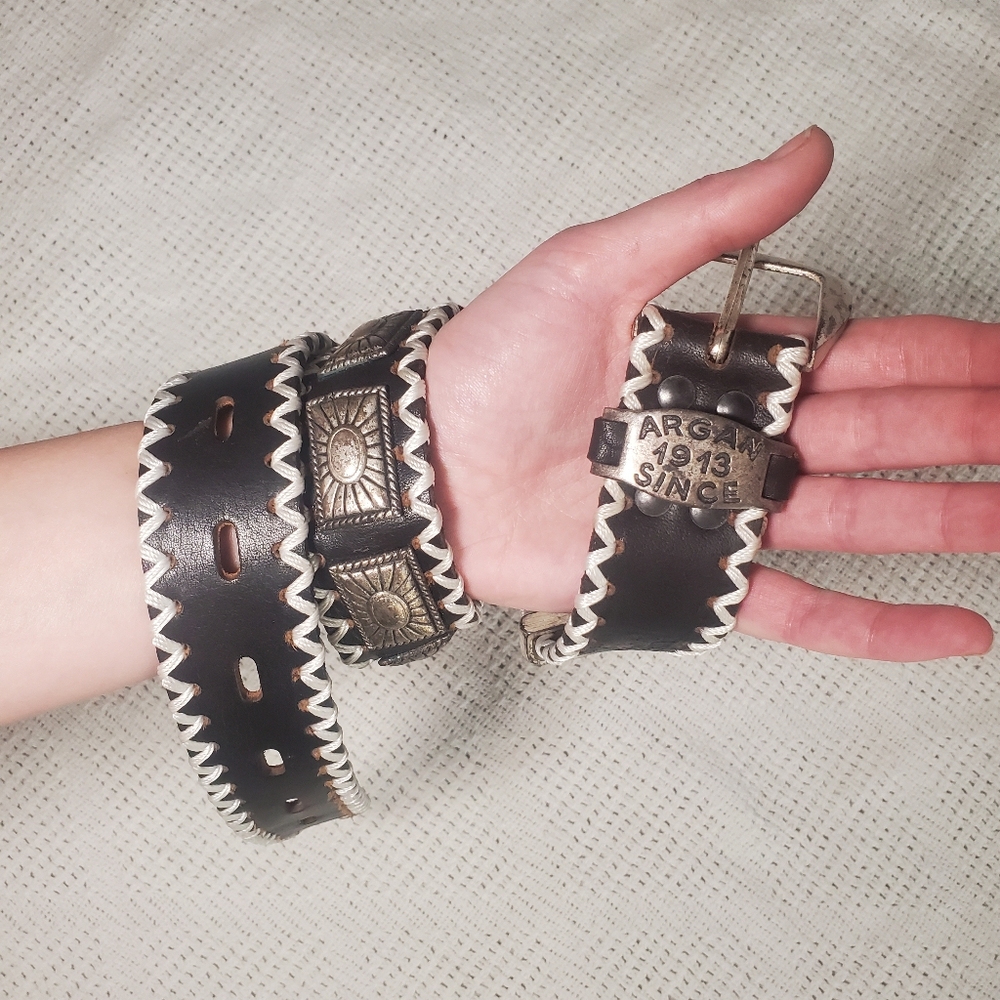Argan Since 1913 Black and White Leather Belt with Metal Accents